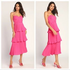 NWOT Lulus Cascading Crush Hot Pink Tiered Bustier Midi Dress